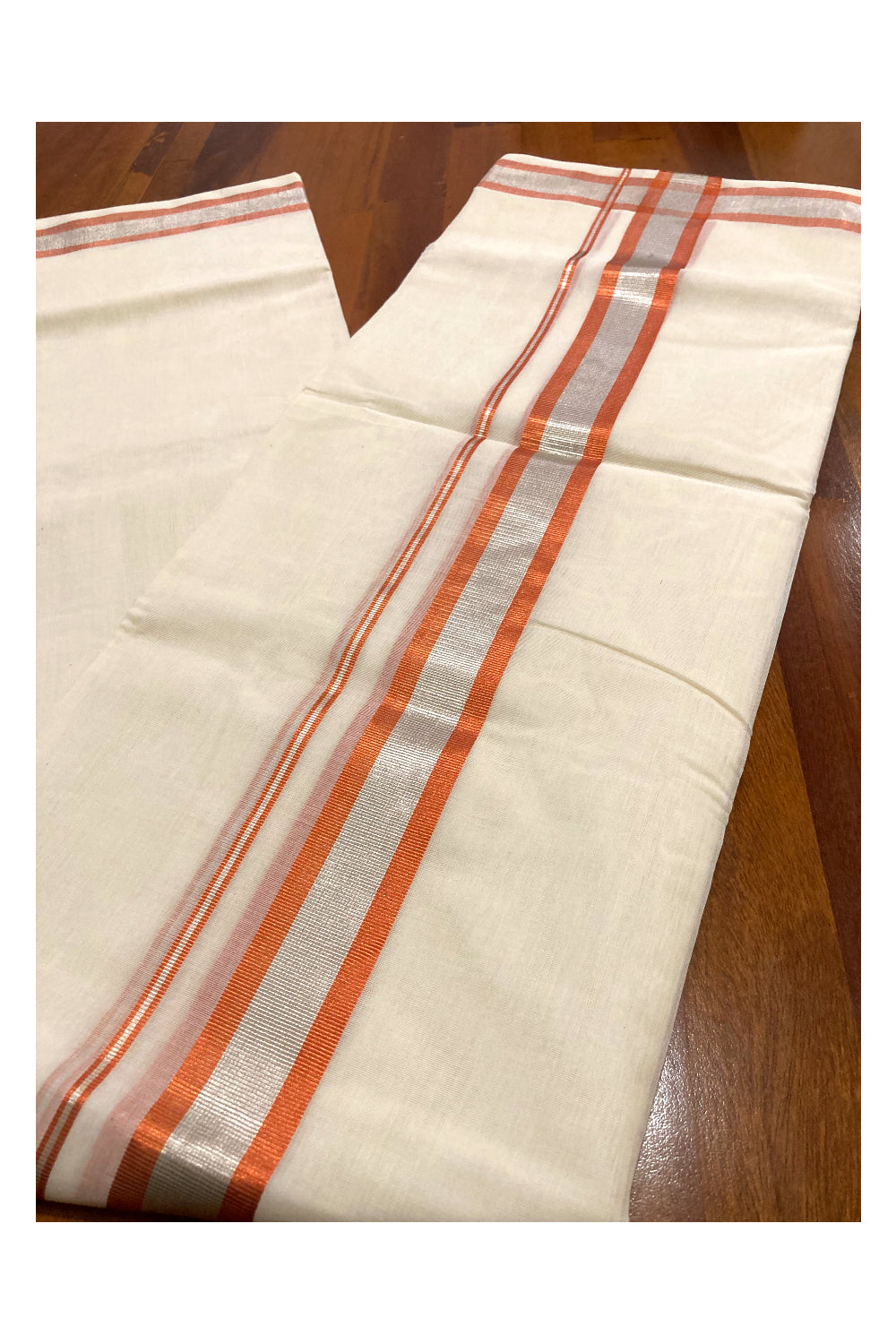 Southloom™ Premium Handloom Mundu with Silver and Copper Kasavu Border 2 inch (South Indian Kerala Dhoti)