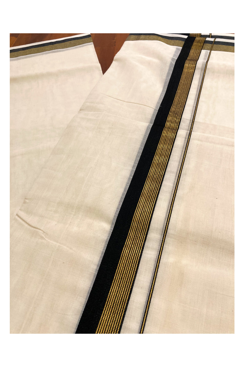 Southloom Premium Handloom Pure Cotton Mundu with Black and Kasavu Lines Border (South Indian Dhoti)