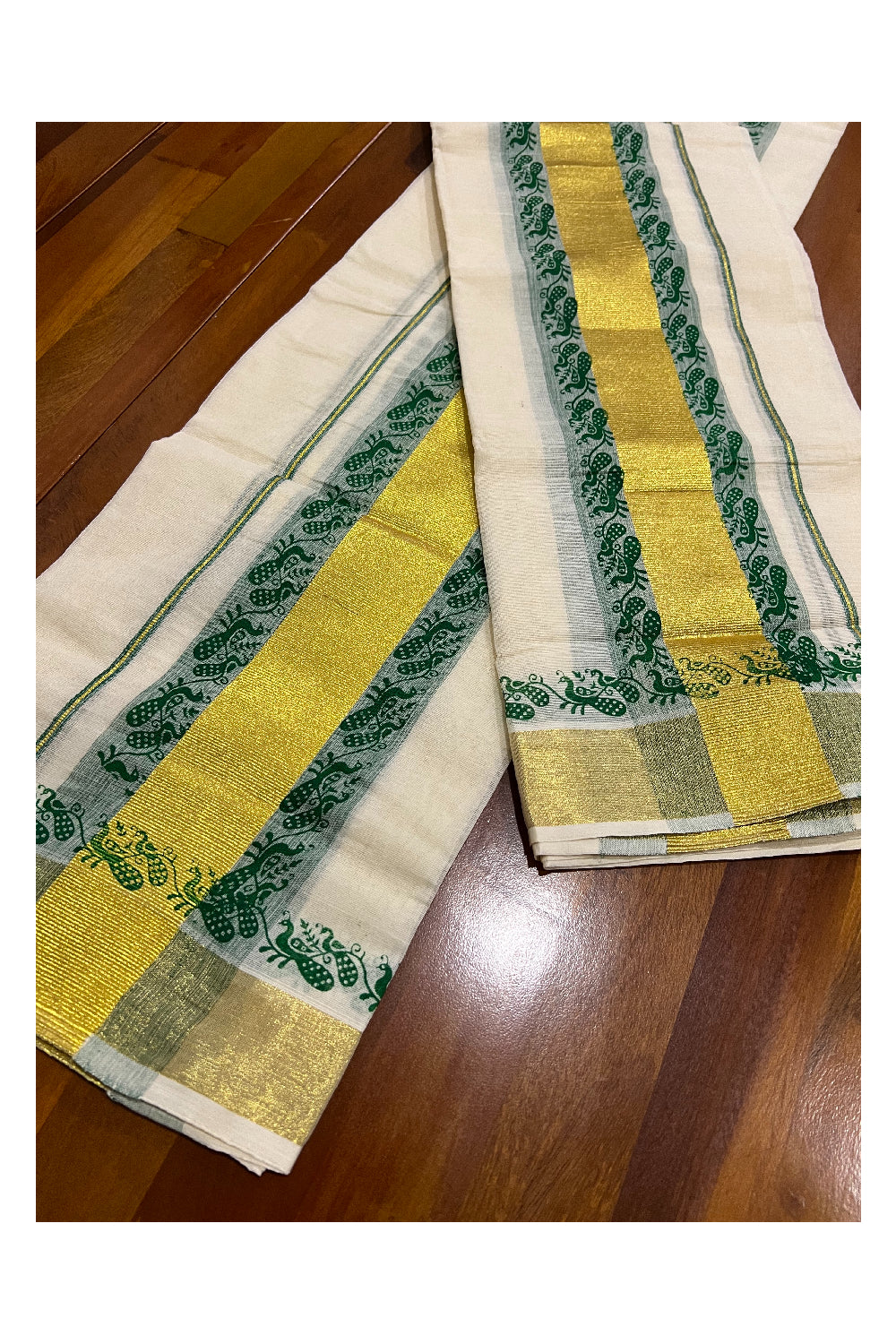 Pure Cotton Kasavu Set Mundu (Mundum Neriyathum) with Green Peacock Block Prints on Border