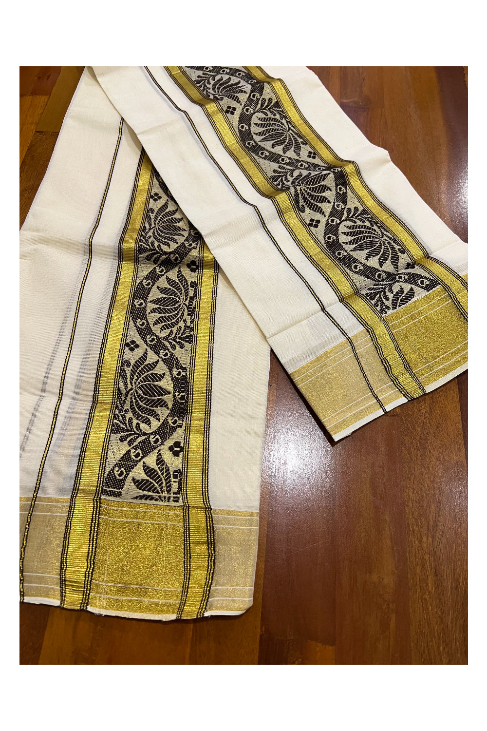 Kerala Cotton Kasavu Set Mundu (Mundum Neriyathum) with Dark Brown Floral Woven Border 2.80 Mtrs