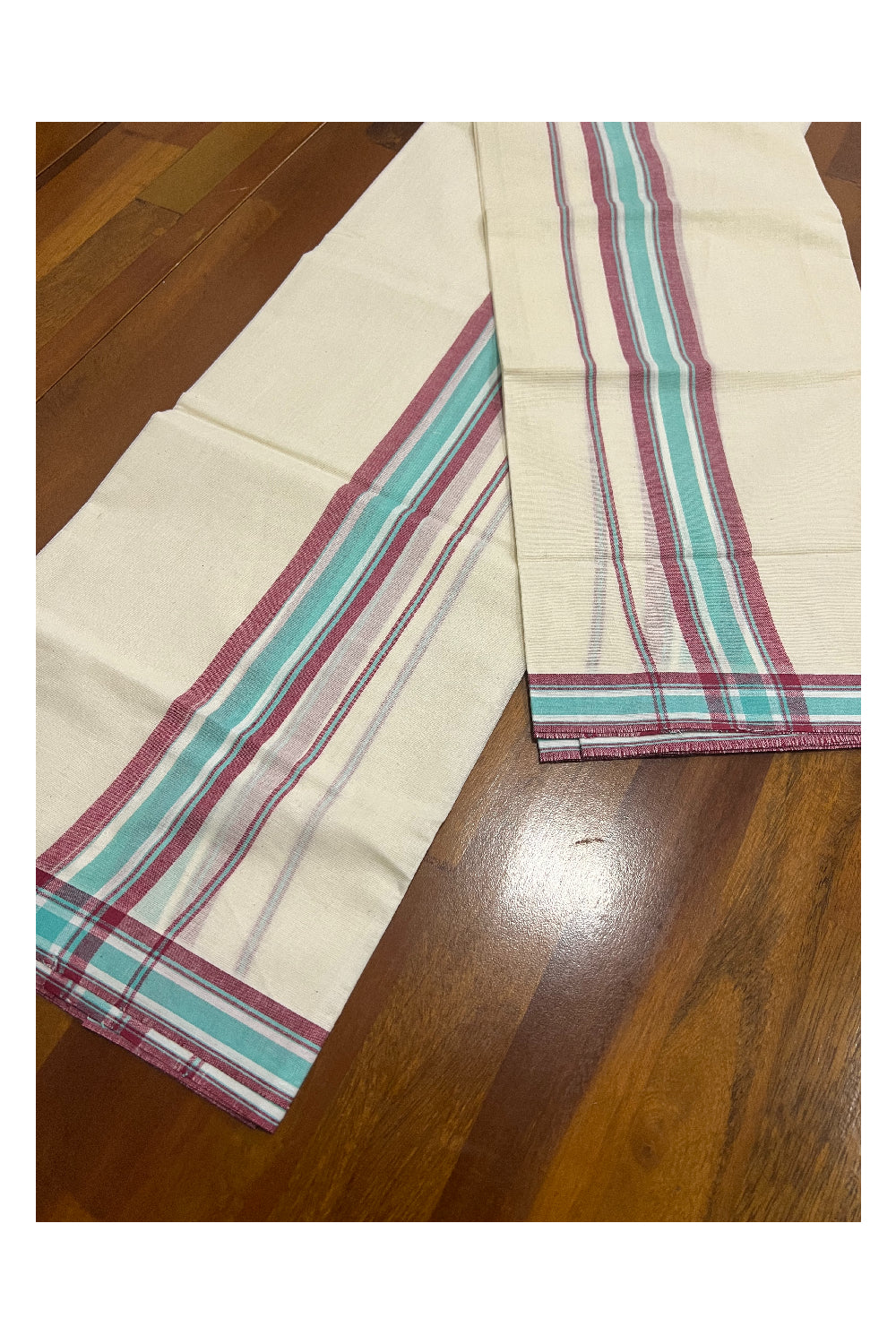 Kerala Cotton Mundum Neriyathum Single (Set Mundu) with Dark Red and Turquoise Mulloth Border (Extra Soft Cotton)