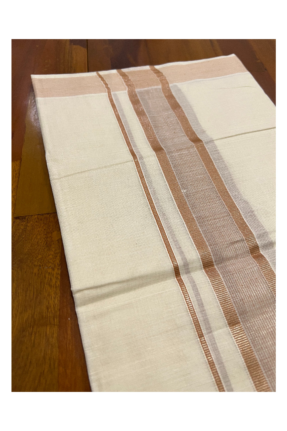 Pure Cotton Off White Double Mundu with Light Orange and Silver Kasavu Border (South Indian Dhoti)