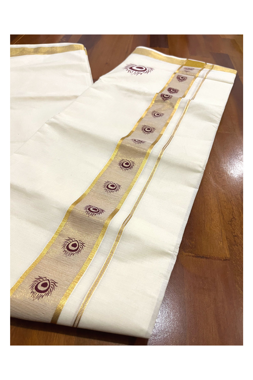 Pure Cotton Off White Double Mundu with Purple Block Prints on Kasavu Kara (South Indian Dhoti)