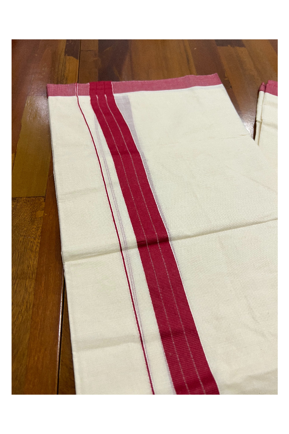 Pure Cotton Off White Double Mundu with Dark Red Border (South Indian Dhoti)