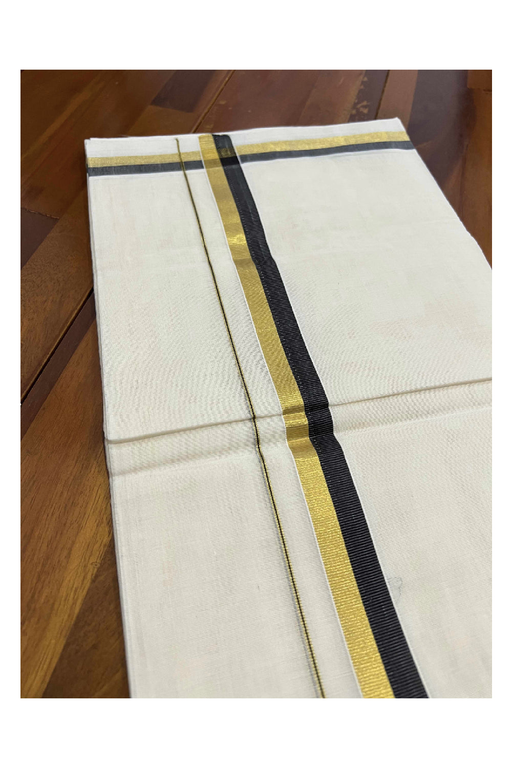 Southloom Kuthampully Pure Cotton Handloom Mundu with Golden and Black Kasavu Border