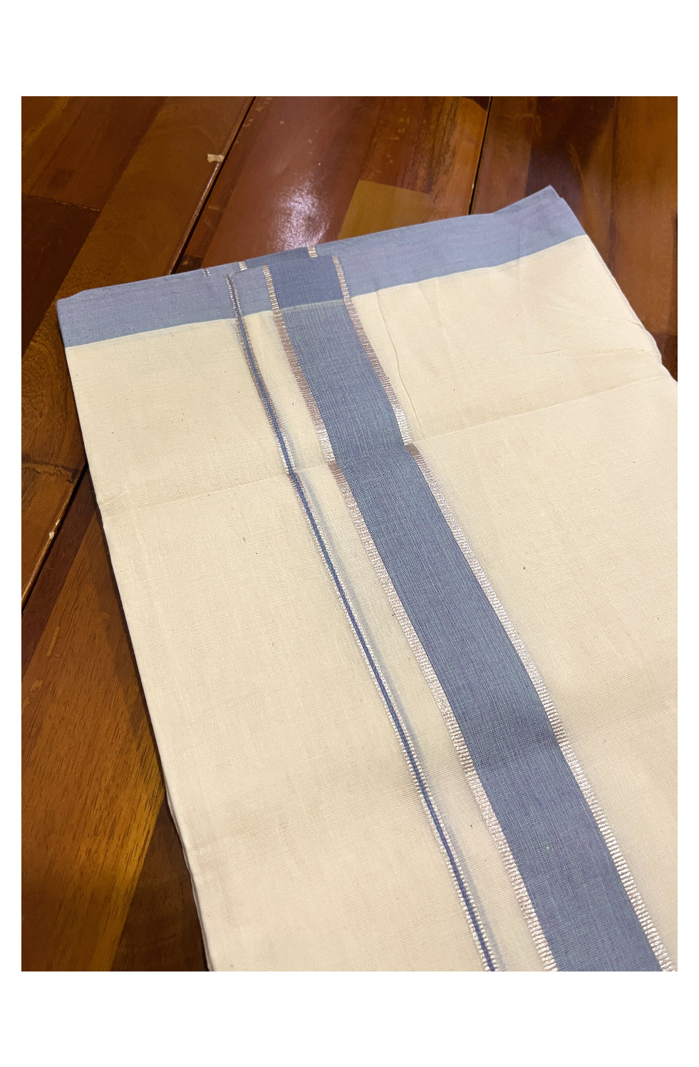 Pure Cotton Off White 100x100 Double Mundu with Silver Kasavu and Blue Border (South Indian Dhoti)