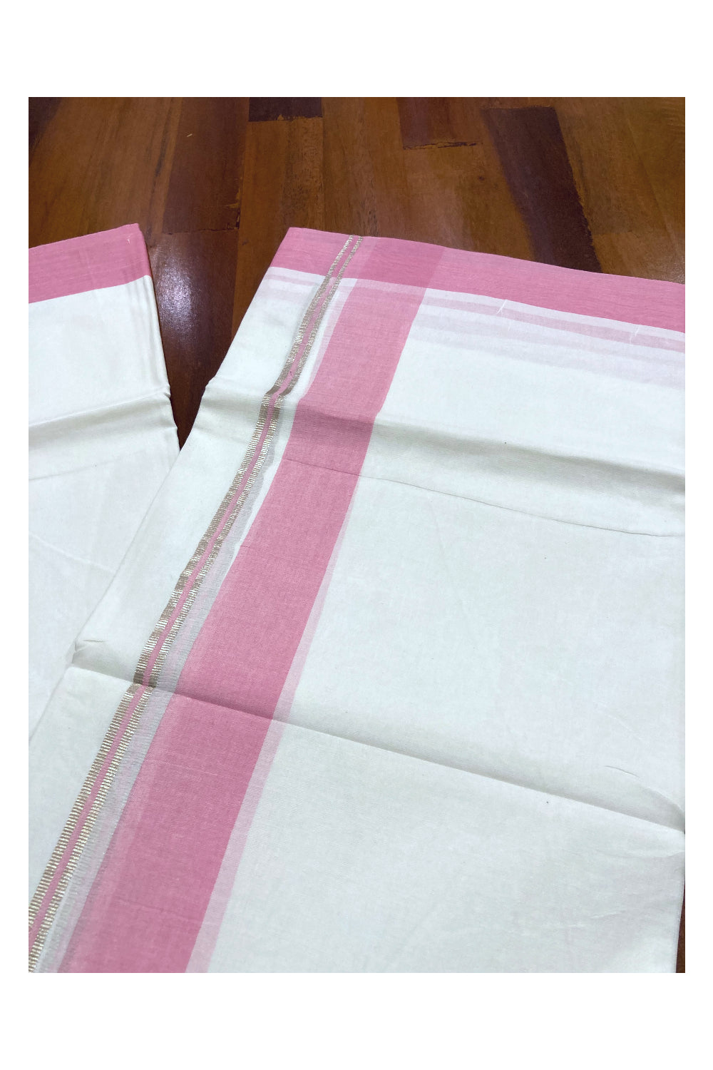 Pure White Kerala Cotton Double Mundu with Silver Kasavu and Pink Border (South Indian Dhoti)