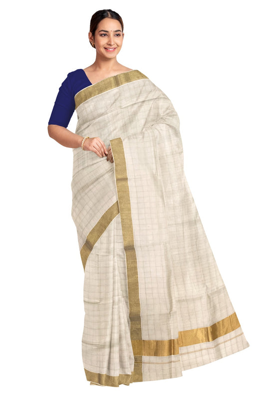 Pure Cotton Kerala Kasavu Check Design Saree with 3x2 inch Border