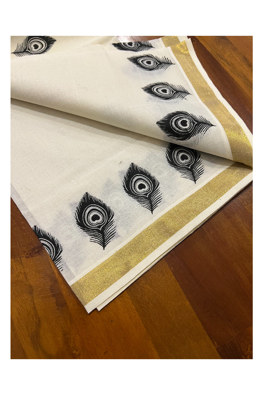 Cotton Kasavu Set Mundu (Mundum Neriyathum) with Black Block Feather Temple Prints on Border