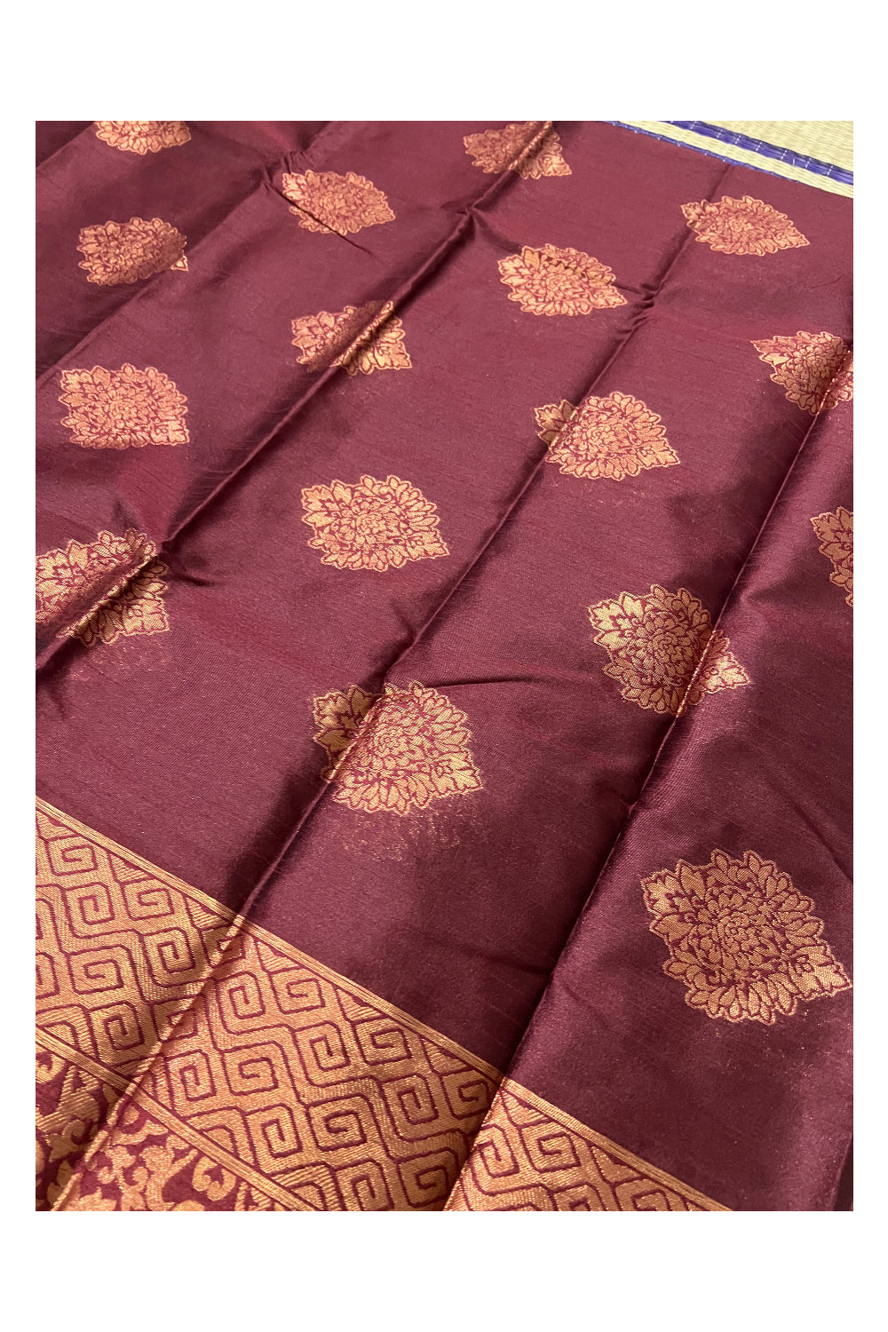 Southloom Maroon Semi Silk Designer Saree with Copper Kasavu Woven Works on Body