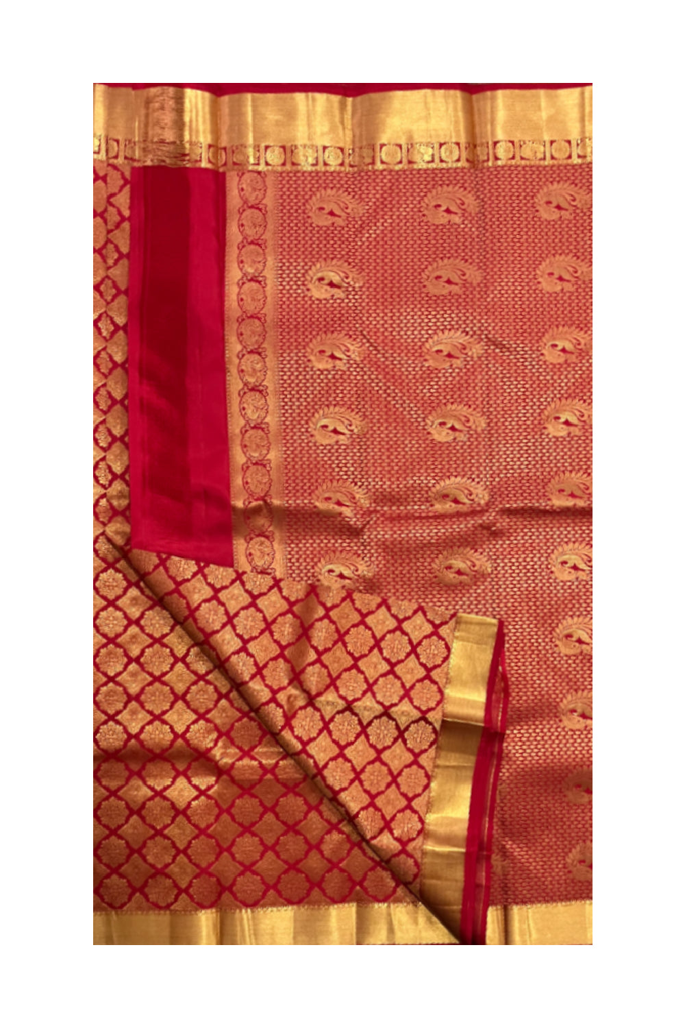 Southloom Double Warp Handloom Pure Silk Kanchipuram Red Manthrakodi Saree with Kasavu Woven Works