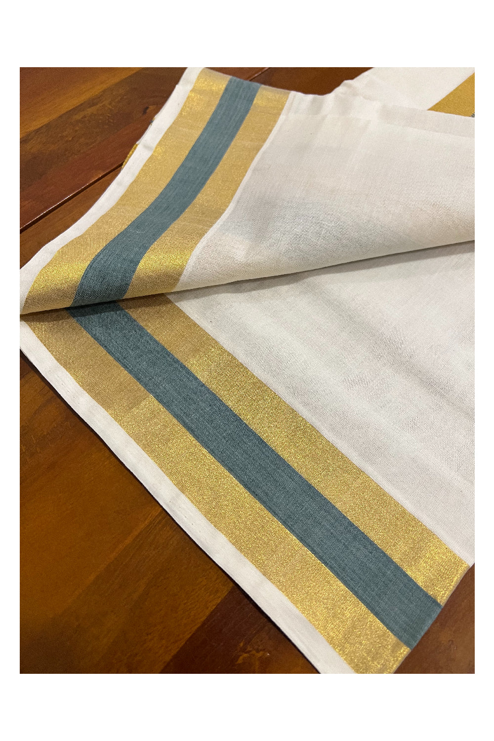 Southloom Premium Handloom Set Mundu with Kasavu and Teal Border 2.80 Mtrs