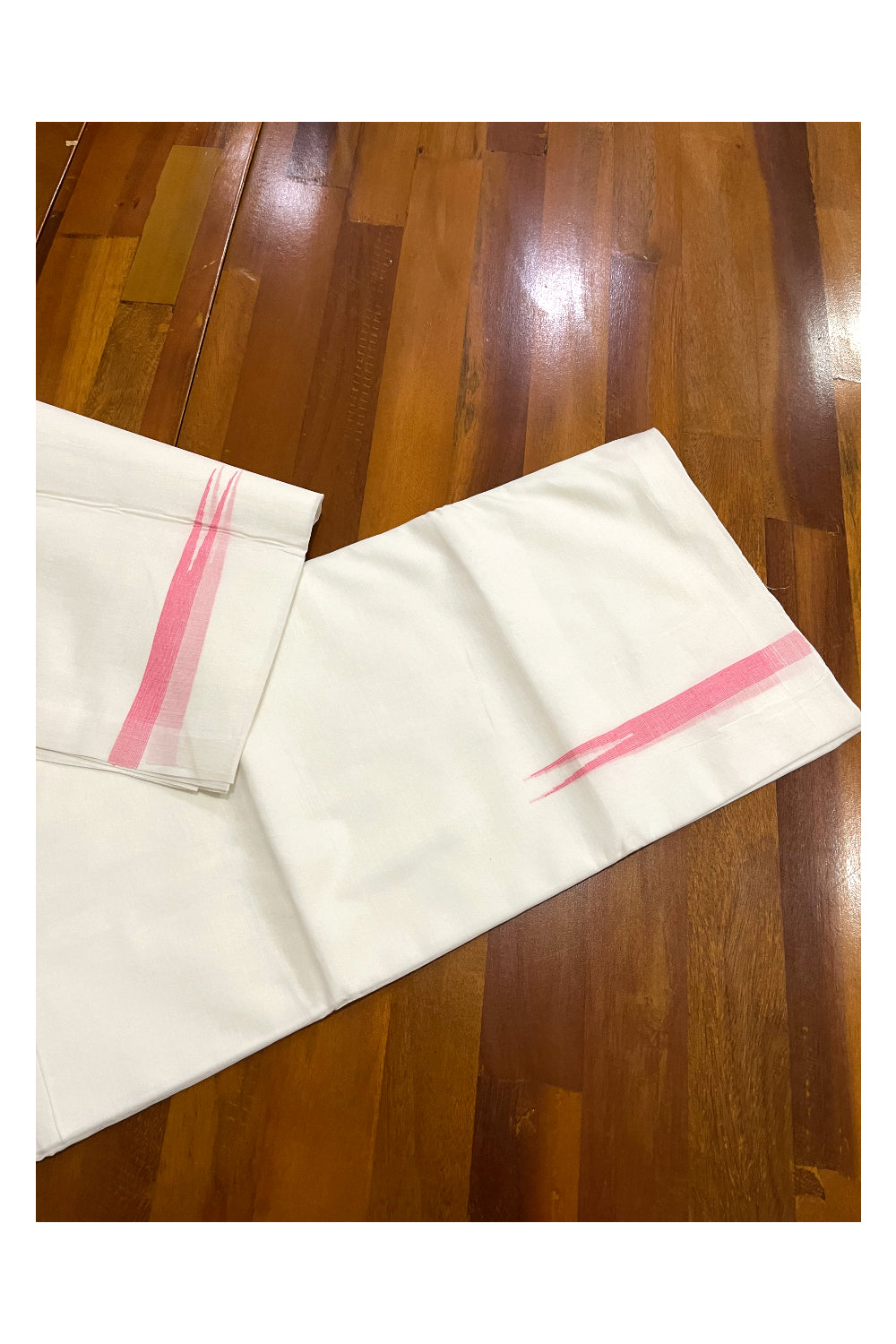 Pure White Cotton Double Borderless Mundu with Pink Chutti Design on Bottom (South Indian Dhoti)