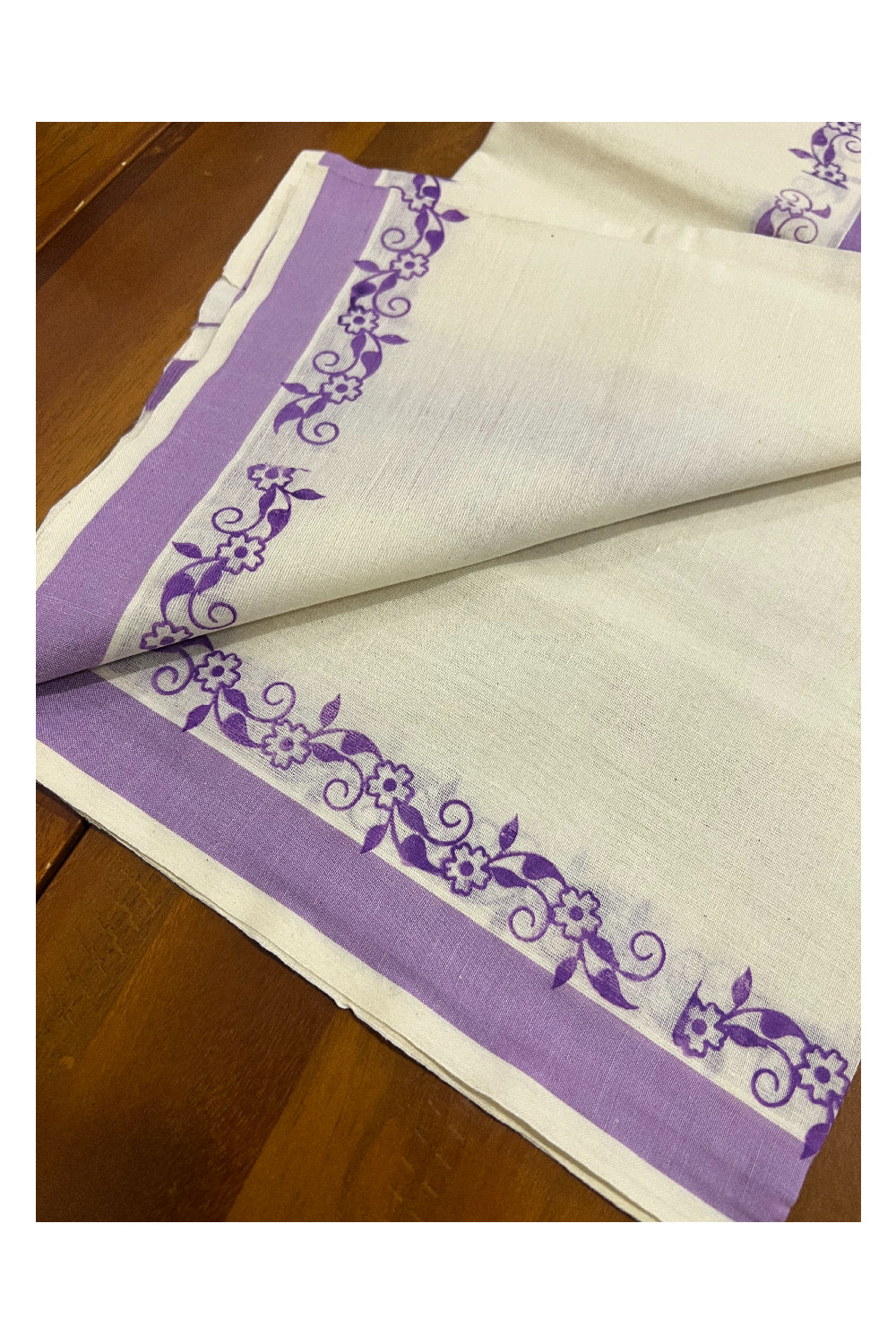 Pure Cotton Set Mundu (Mundum Neriyathum) with Violet Floral Block Prints on Border