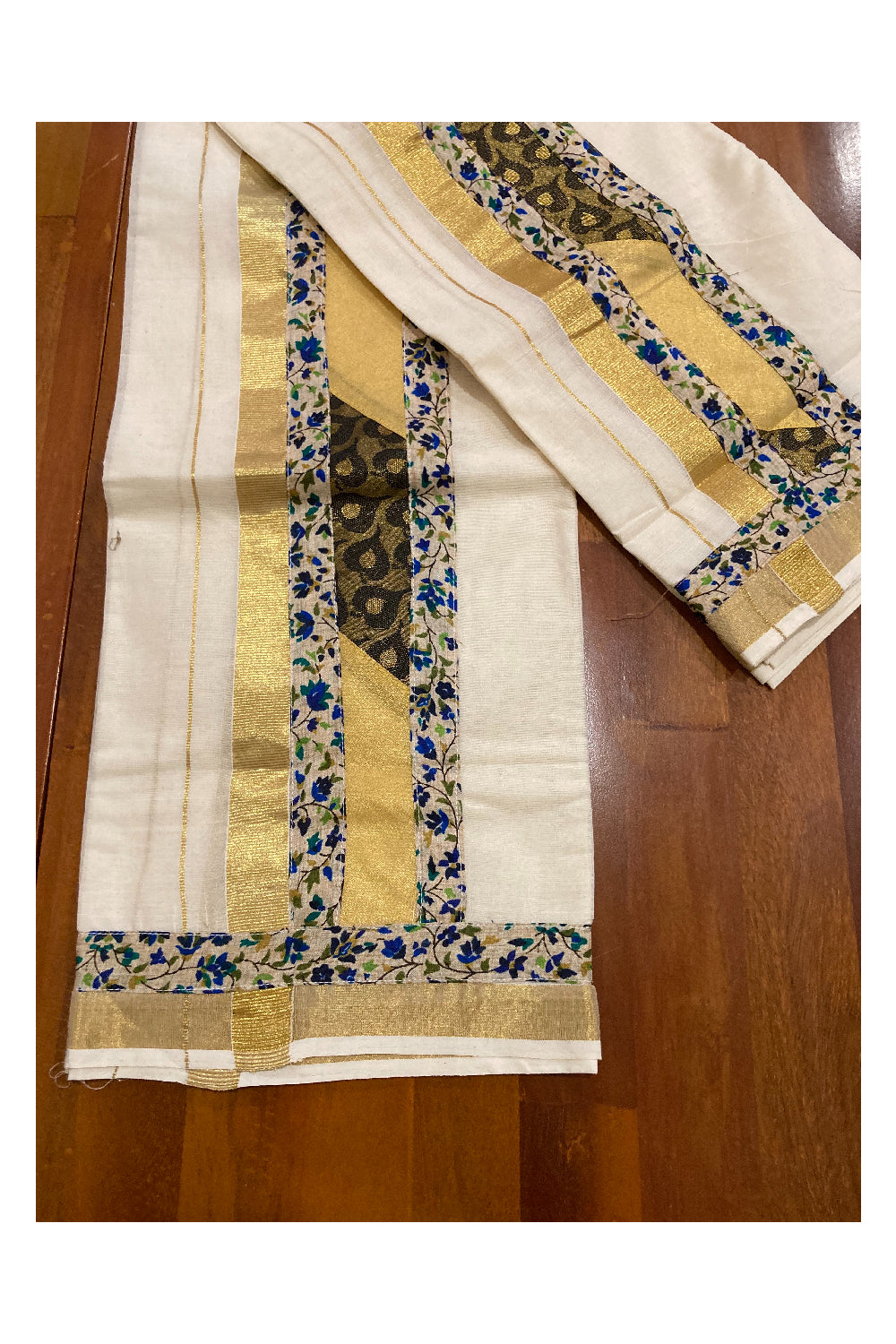 Kerala Cotton Fusion Art Set Mundu (Mundum Neriyathum) with Kasavu and Floral Figures on Beige Border 2.80 Mtrs