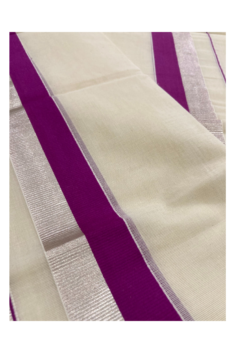 Kerala Cotton Double Set Mundu with Violet and Silver Kasavu Border (2.80 m Mundum Neriyathum)