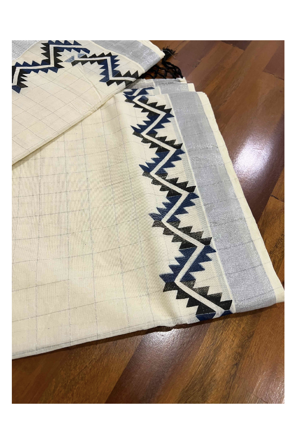 Kerala Silver Kasavu Woven Check Saree with Blue and Black Block Printed Border