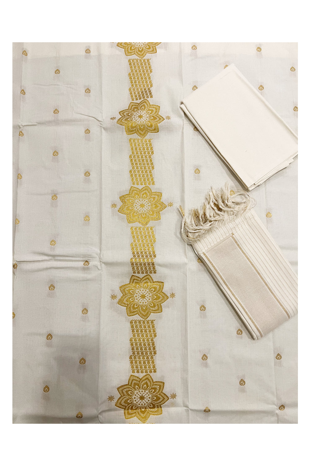 Kerala Cotton Churidar Salwar Material with Kasavu Woven Design (include Lines Shawl / Dupatta)