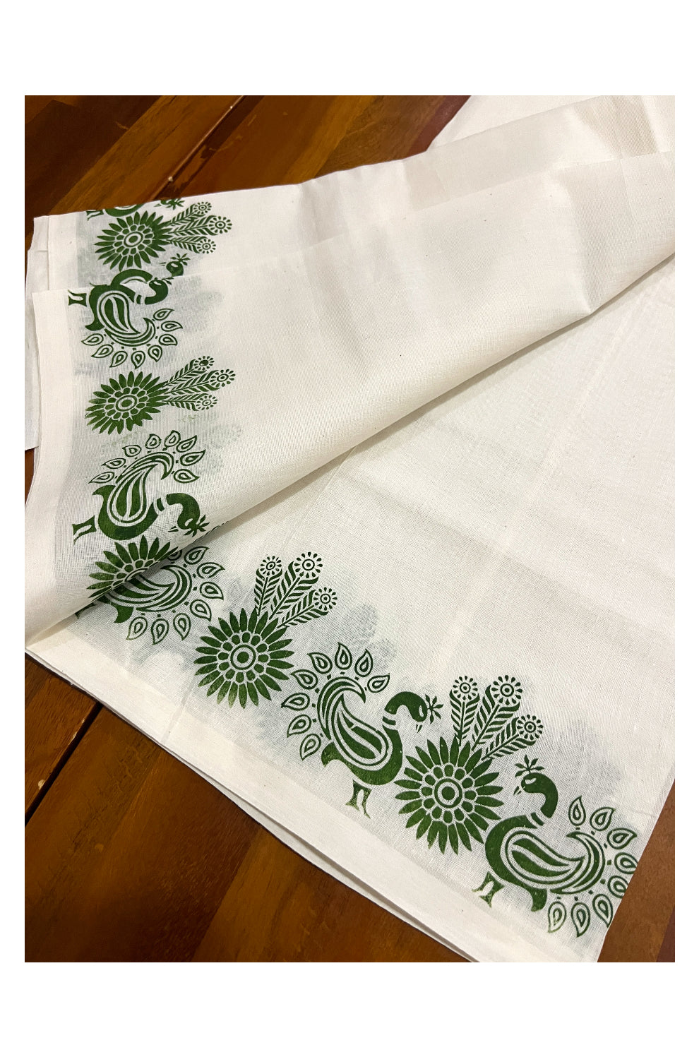 Kerala Cotton Set Mundu (Mundum Neriyathum) with Green Peacock Block Prints on Border 2.80 Mtrs