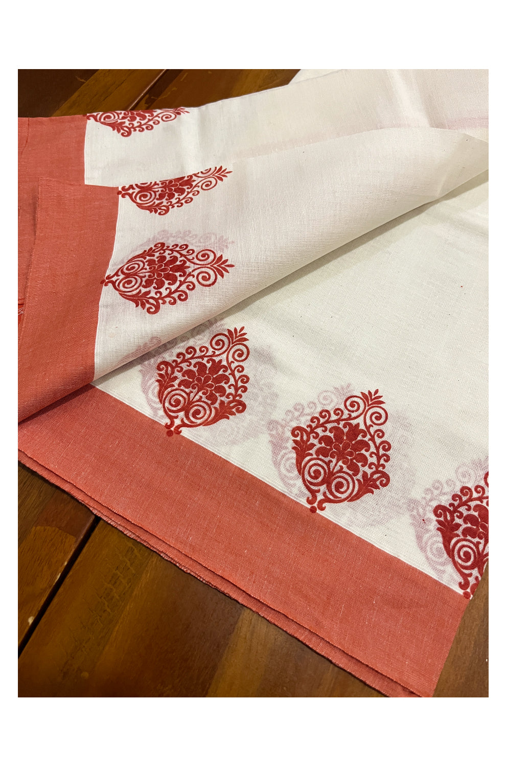 Kerala Cotton Set Mundu (Mundum Neriyathum) with Red Block Prints on Border