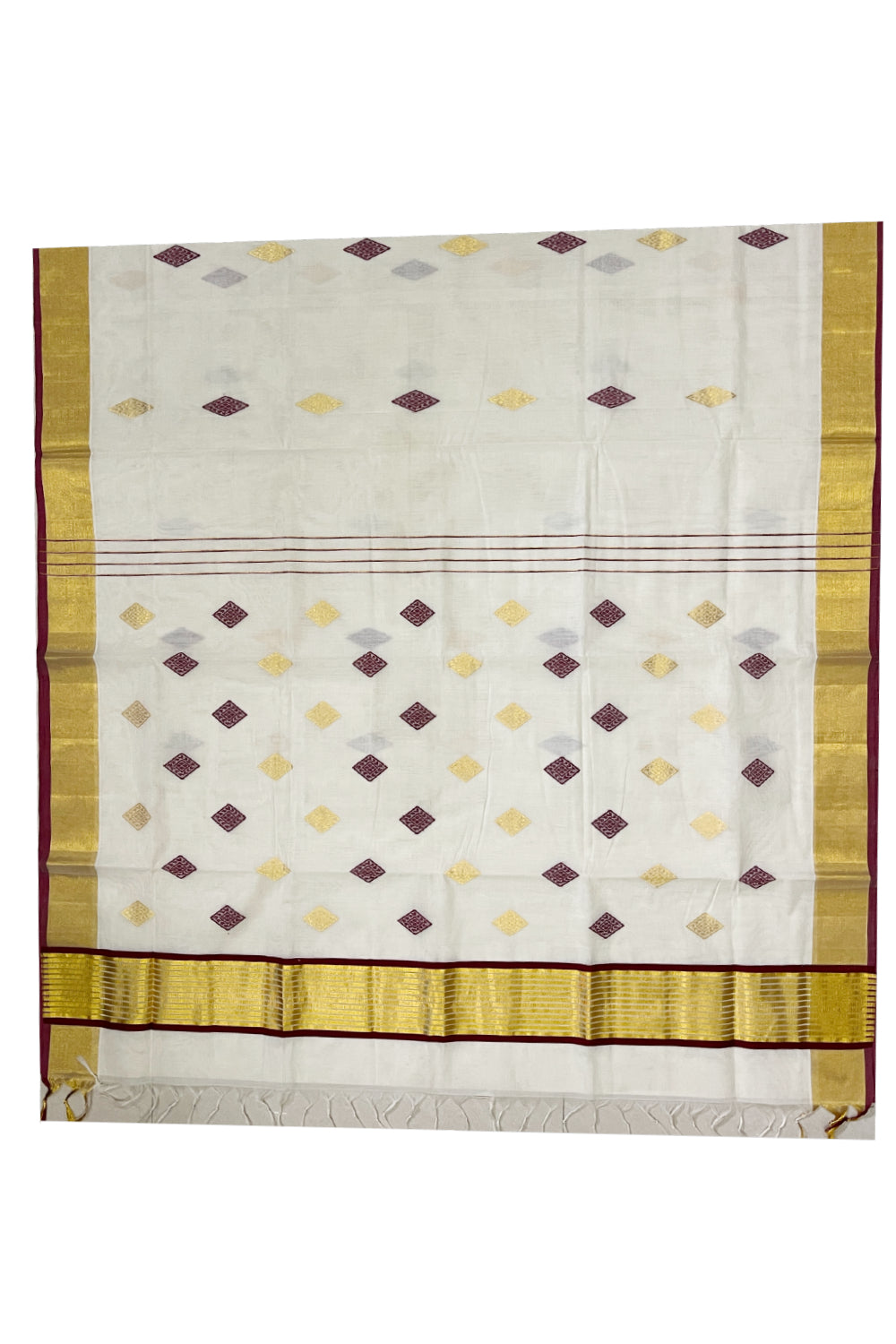 Southloom™ Premium Handloom Cotton Kerala Saree with Golden and Maroon Woven works on Body