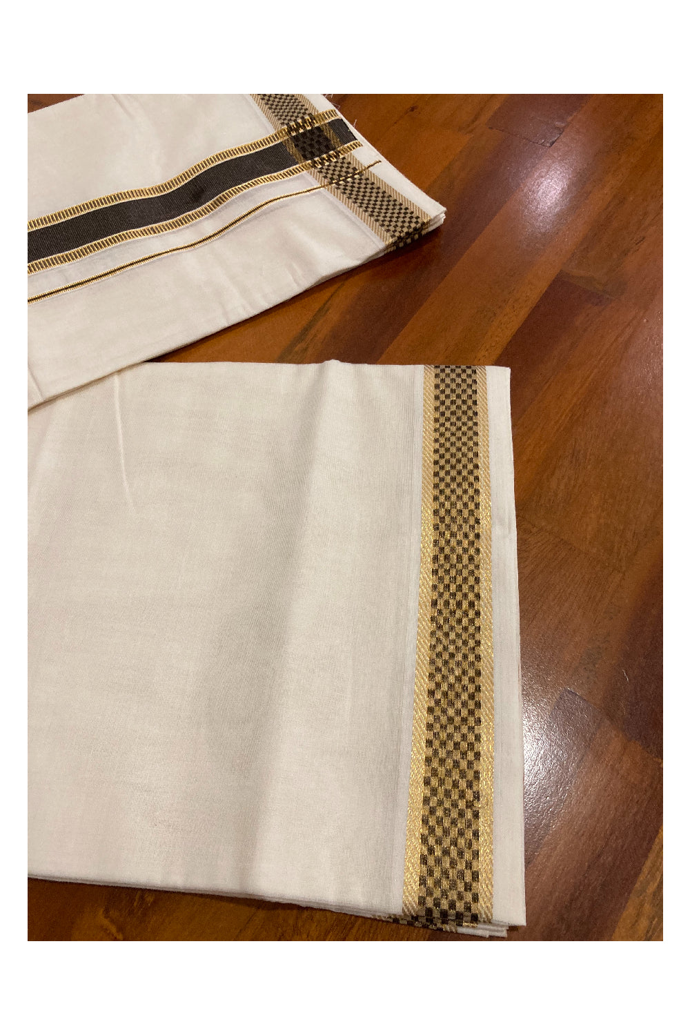 Southloom Premium Handloom Pure Cotton Mundu with Golden and Black Kasavu Design Border (South Indian Dhoti)