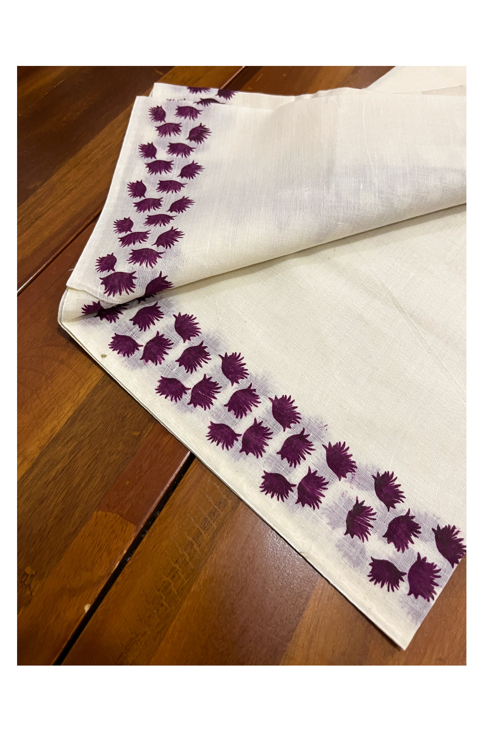 Kerala Cotton Single Set Mundu (Mundum Neriyathum) with Purple Block Prints on Border