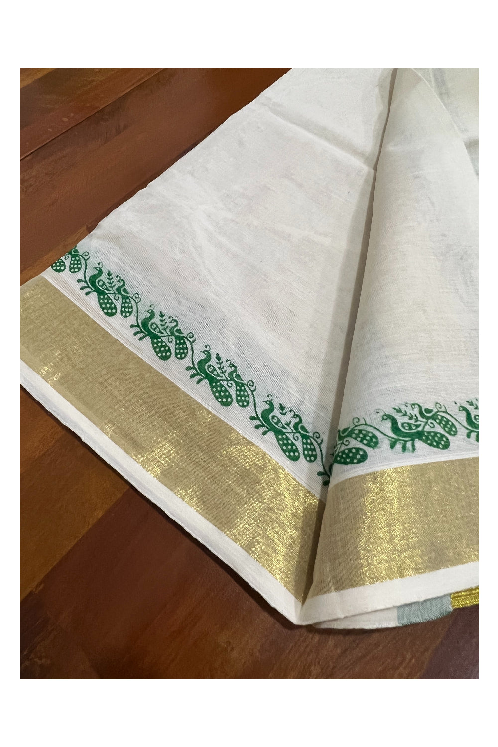 Pure Cotton Kasavu Set Mundu (Mundum Neriyathum) with Green Peacock Block Prints on Border