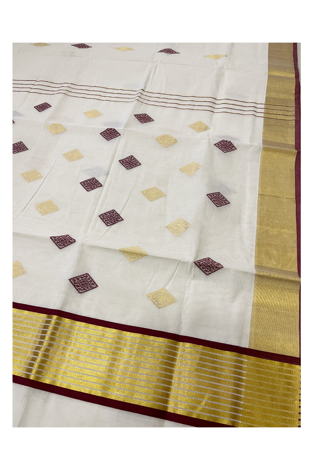 Southloom™ Premium Handloom Cotton Kerala Saree with Golden and Maroon Woven works on Body