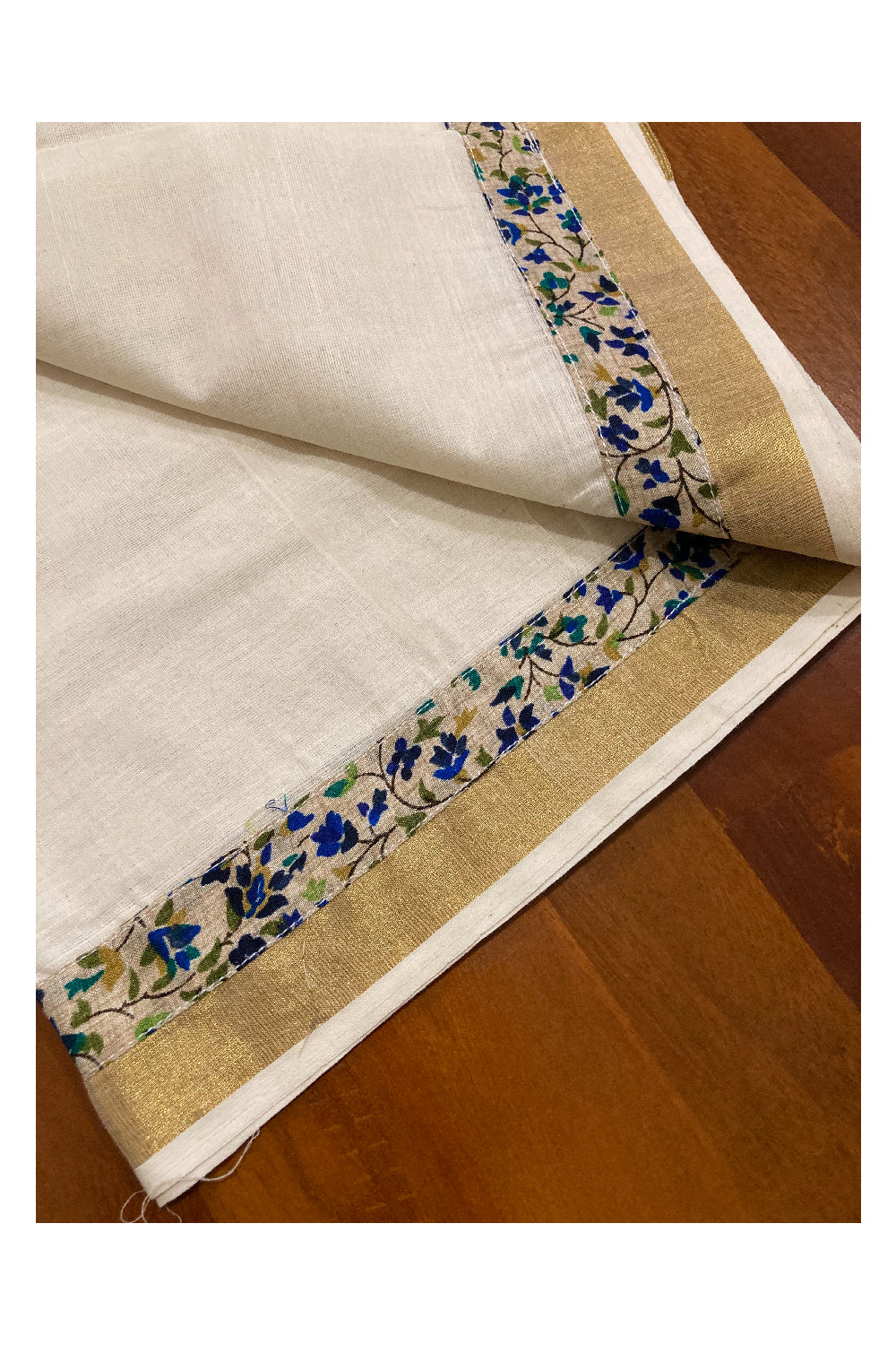 Kerala Cotton Fusion Art Set Mundu (Mundum Neriyathum) with Kasavu and Floral Figures on Beige Border 2.80 Mtrs