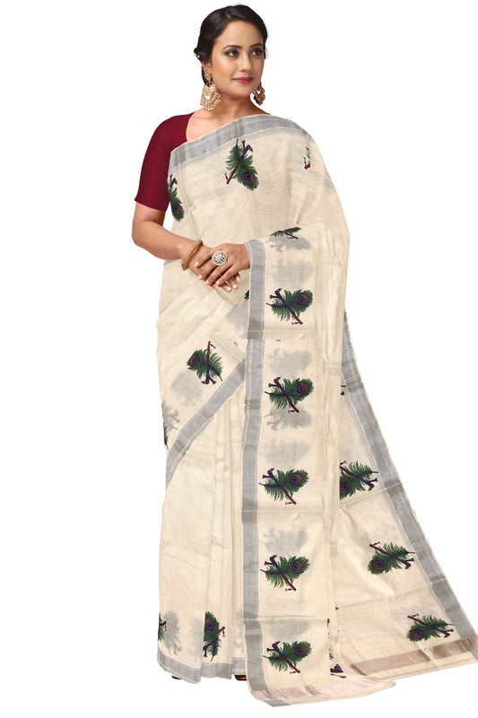 Pure Cotton Kerala Saree with Peacock Feather Mural Prints and Silver Border