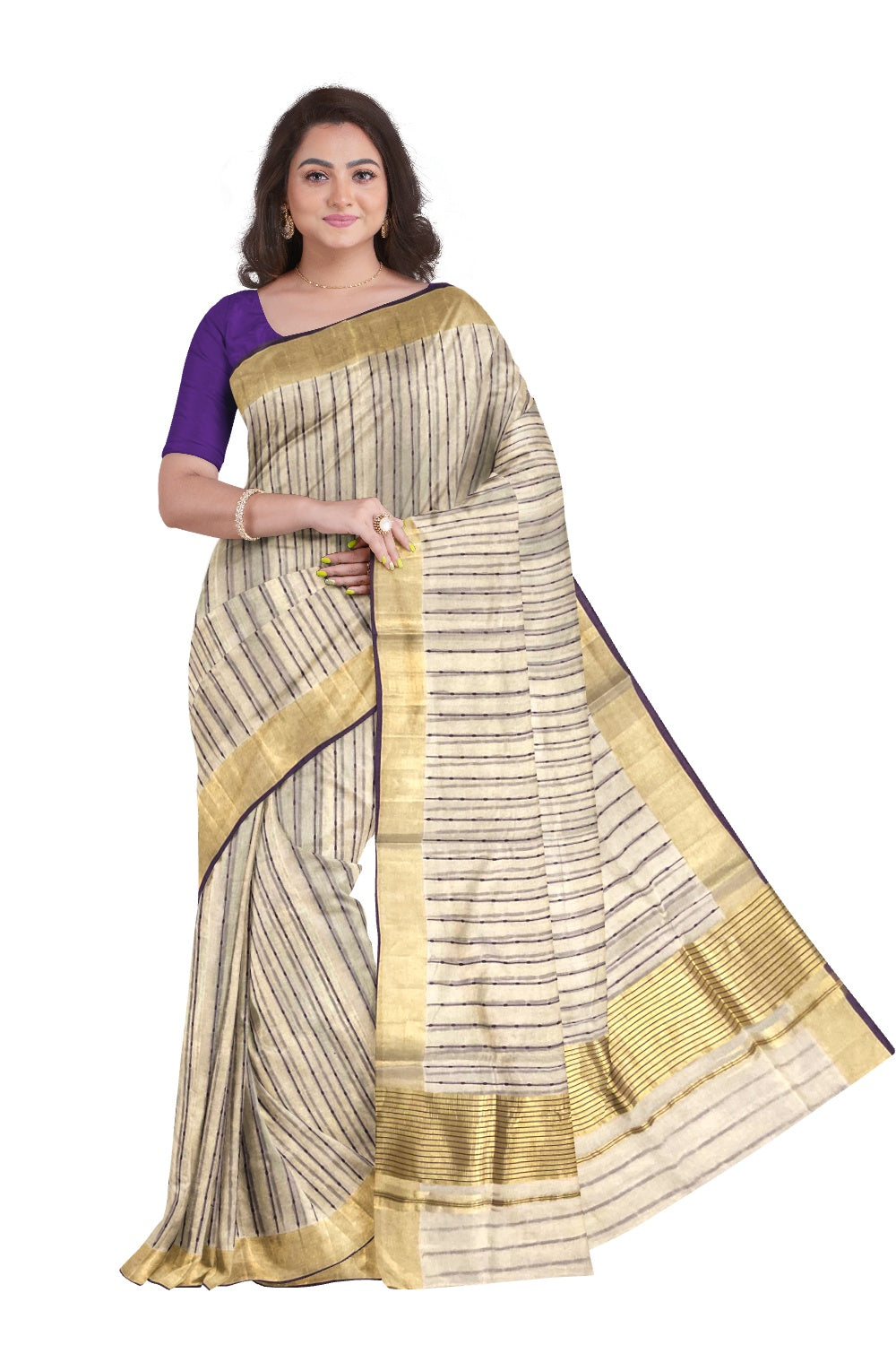 Southloom Kuthampully Handloom Tissue Saree with Kasavu and Violet Stripes Body