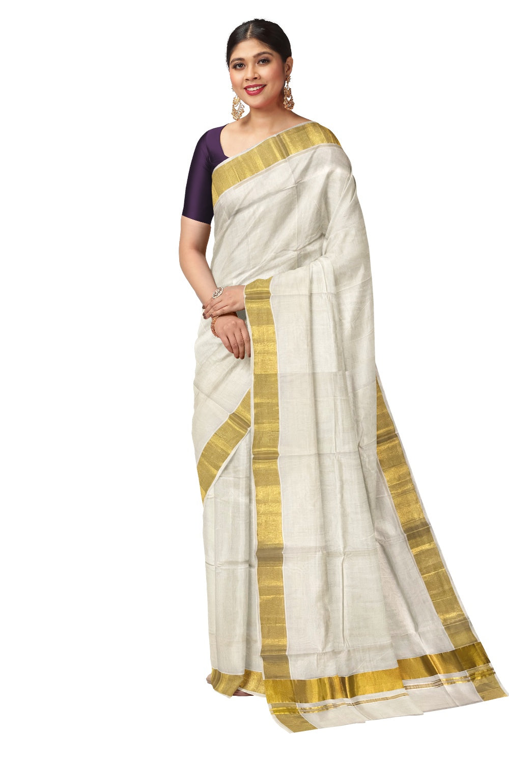 Southloom™ Handloom Kerala Premium Plain Saree with 3 inch Kasavu Border