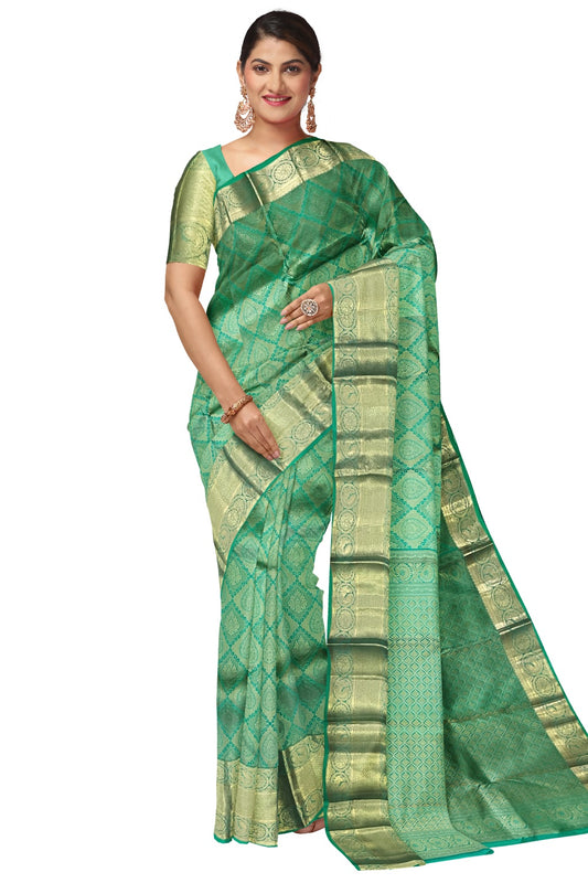 Southloom Double Warp Handloom Pure Silk Kanchipuram Green Manthrakodi Saree with Kasavu Woven Works
