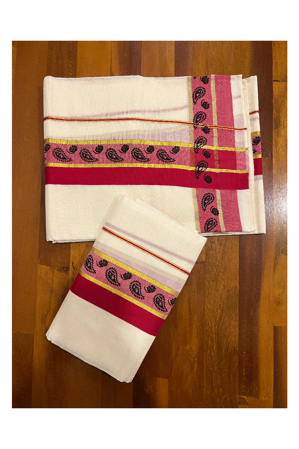 Southloom Onam 2022 Kasavu and Lavender Kara Set Mundu with Hand Block Print