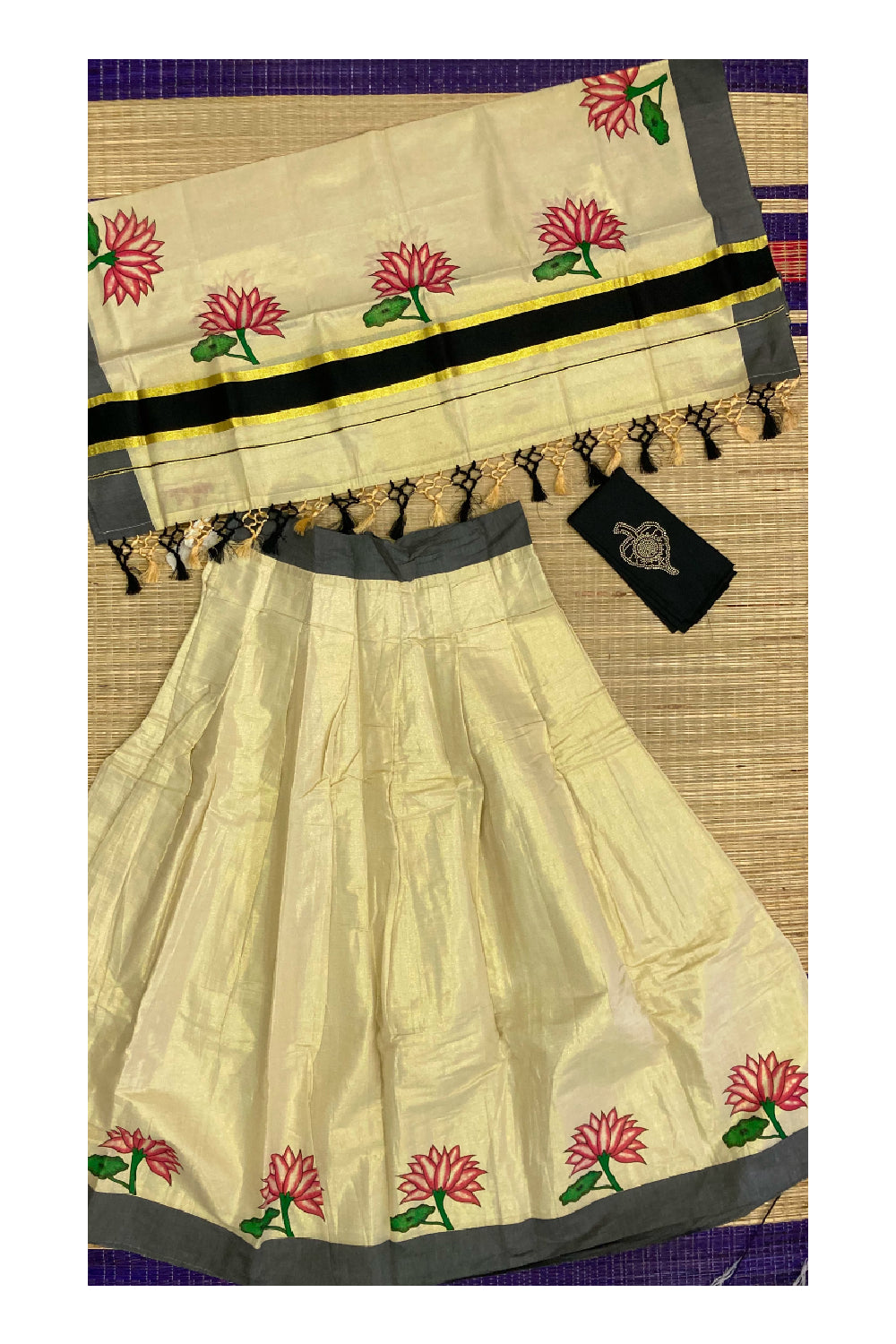 Kerala Tissue Stitched Dhavani Set with Black Blouse Piece and Neriyathu in with Floral Mural Work