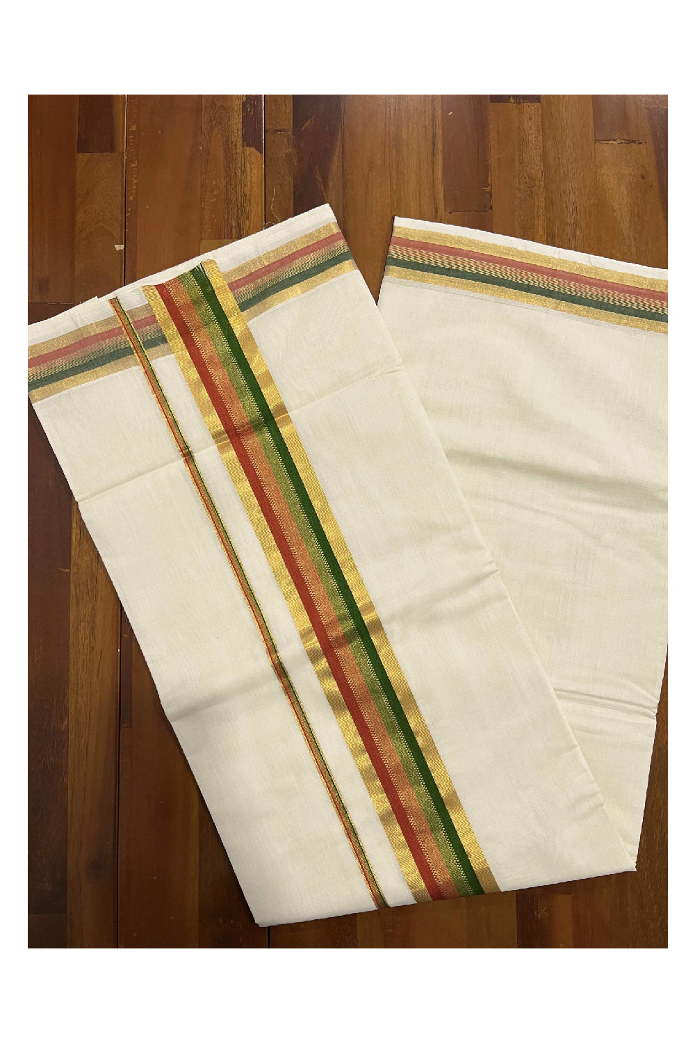 Southloom™ Balaramapuram Handloom Kerala Saree with Green Red and Kasavu Border