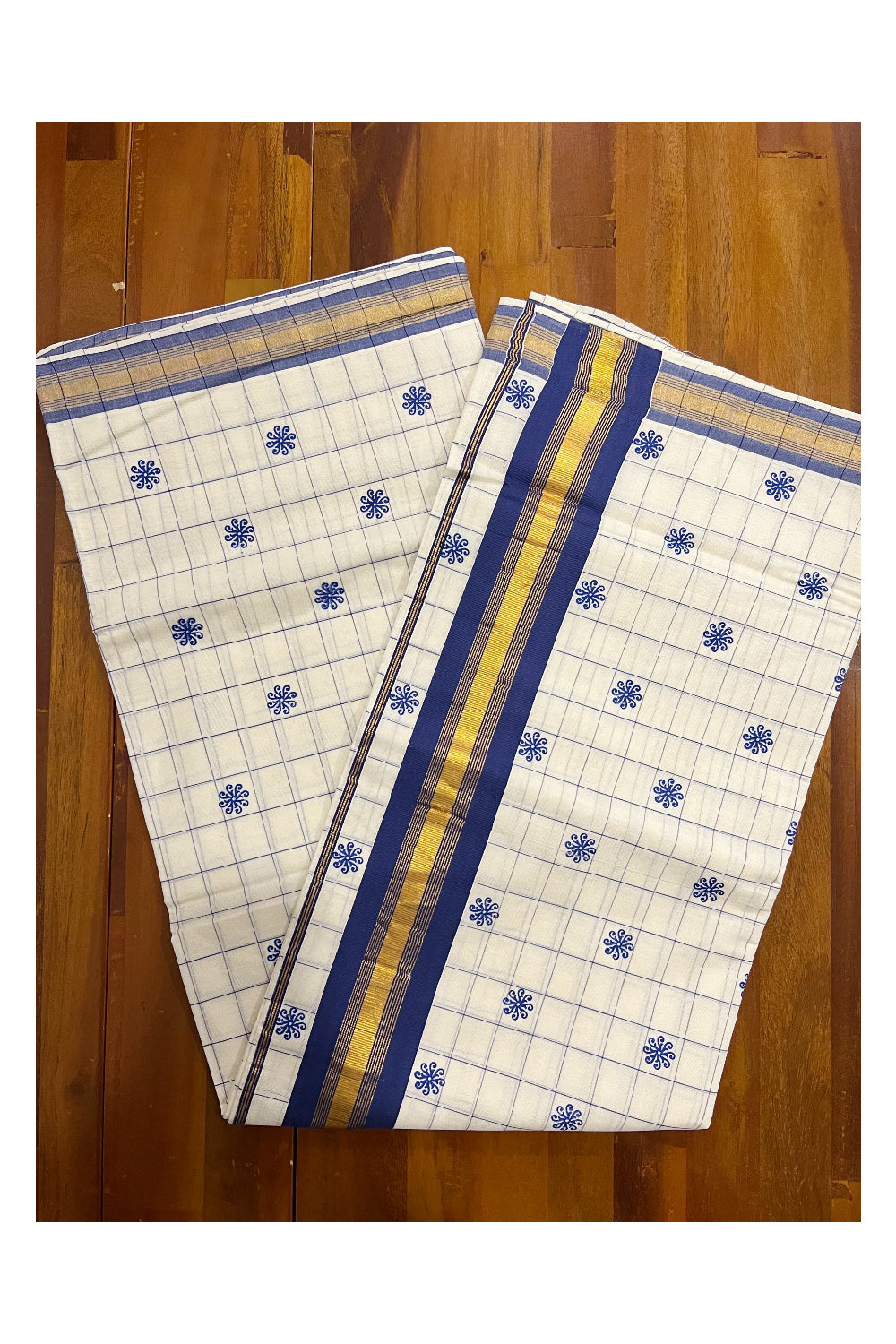 Pure Cotton Kerala Checkered Saree with Blue Block Prints and Kasavu Border