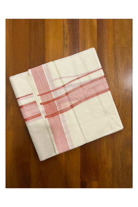 Pure Cotton Off White Double Mundu with Light Red and Silver Kasavu Border (South Indian Dhoti)