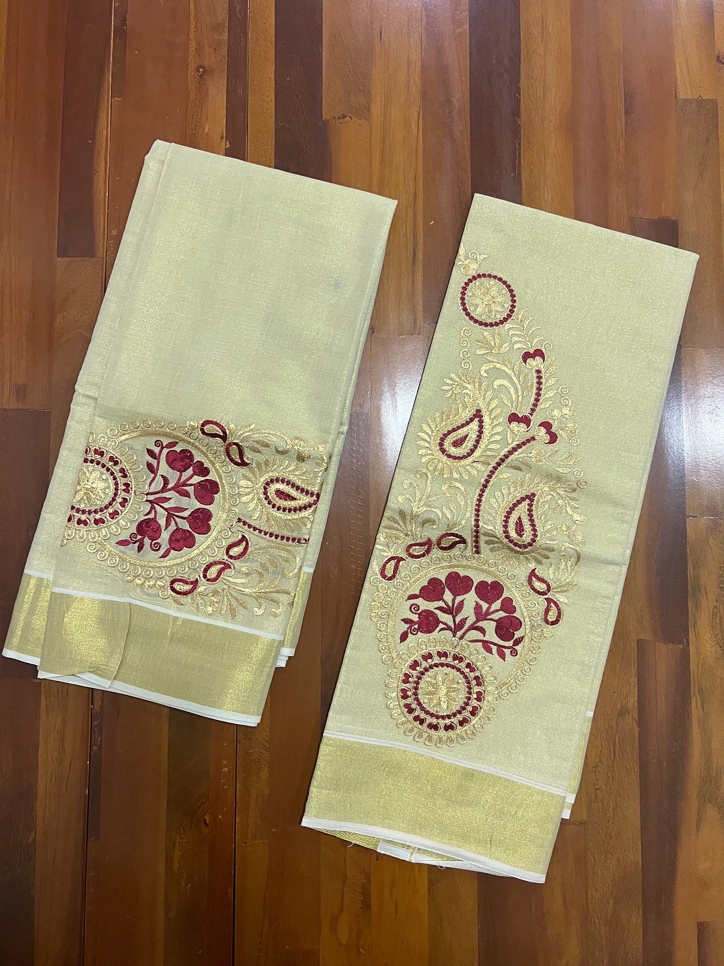 Kerala Tissue Kasavu Set Mundu (Mundum Neriyathum) with Floral Embroidery Work