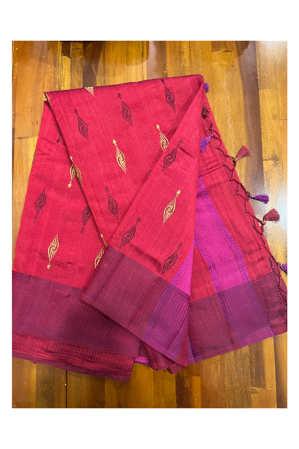 Southloom Red Semi Tussar Designer Saree with Tassels on Pallu