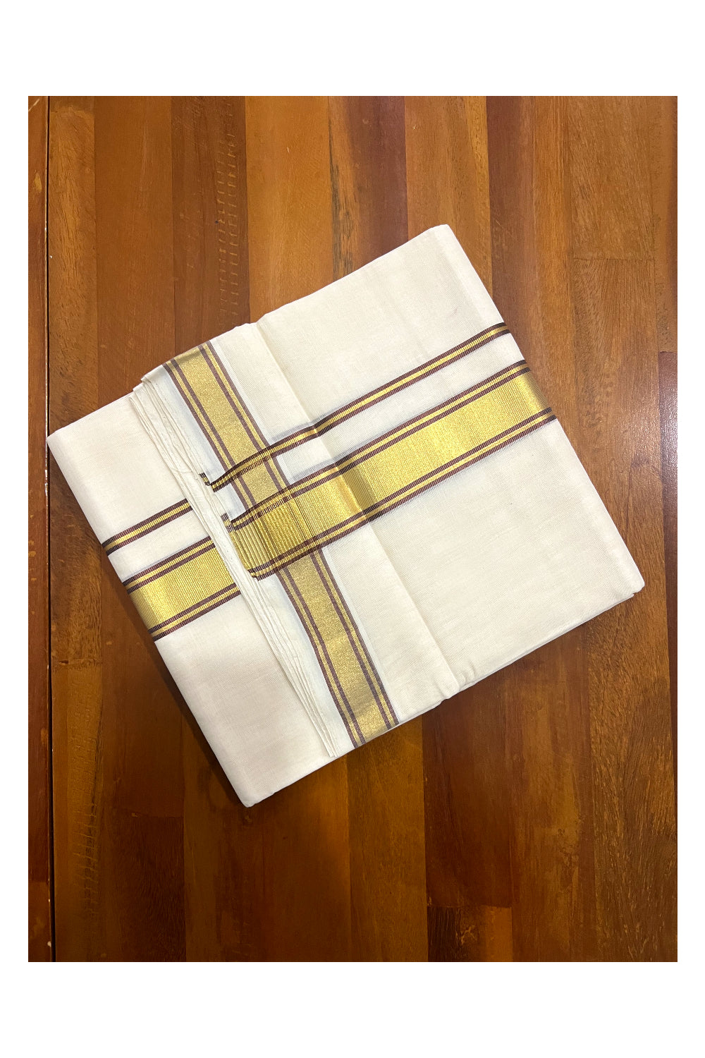 Southloom Premium Handloom Pure Cotton Mundu with Golden and Brown Kasavu Border (South Indian Dhoti)