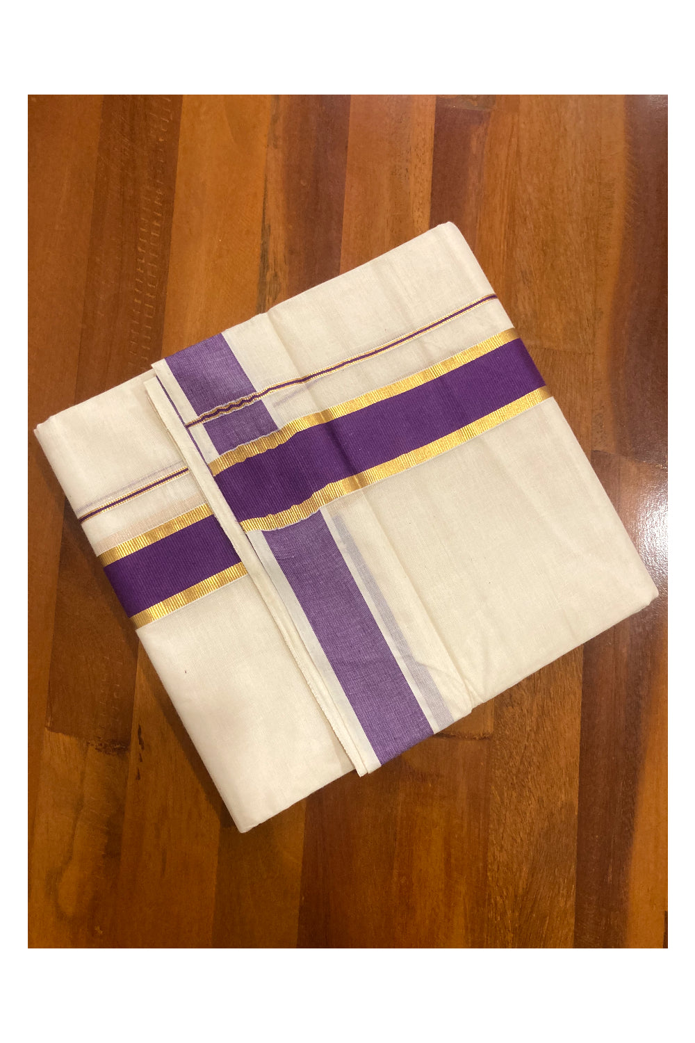 Pure Cotton Off White Double Mundu with Violet and Kasavu Border (South Indian Dhoti)