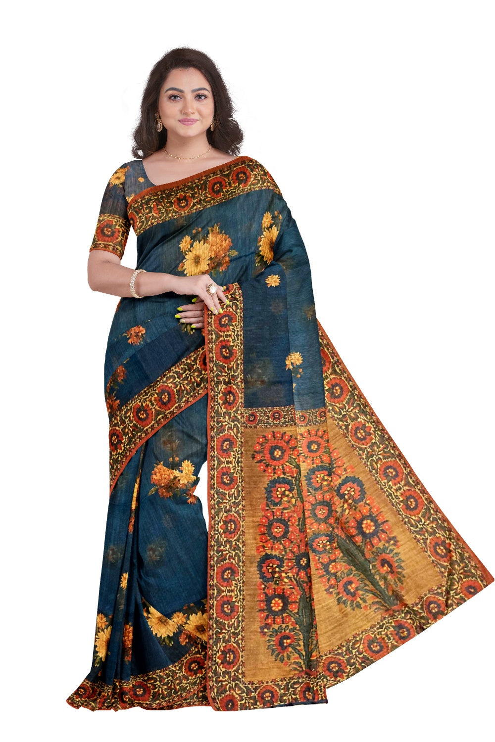 Southloom Semi Silk Dark Blue and Brown Floral work Designer Saree