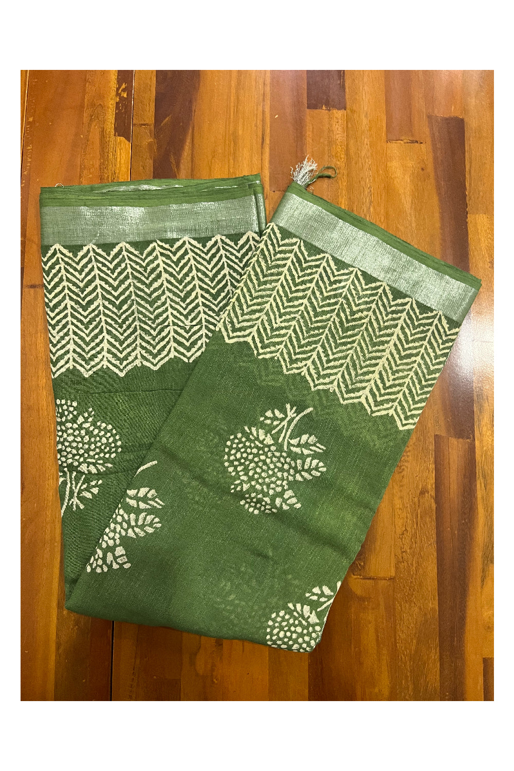 Southloom Linen Green Designer Saree with White Prints and Tassels on Pallu