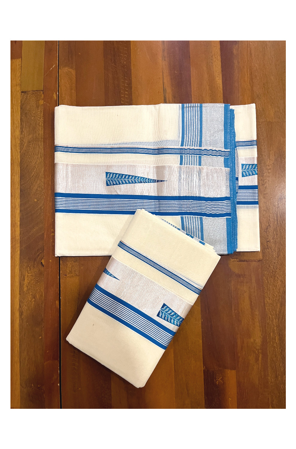 Pure Cotton SIlver Kasavu Single Set Mundu (Mundum Neriyathum Vishu 2023) with Blue Block Prints 2.80 Mtrs