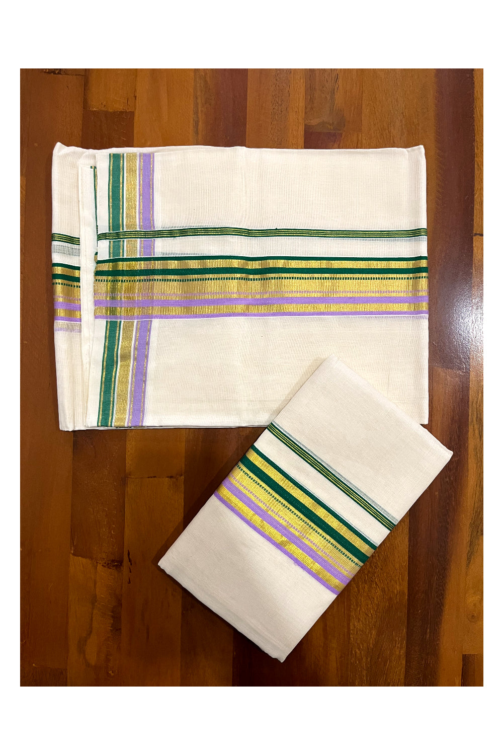 Pure Cotton Handloom Premium Kasavu Set Mundu (Mundu Neriyathum) with Green and Violet Border 2.80 Mtrs