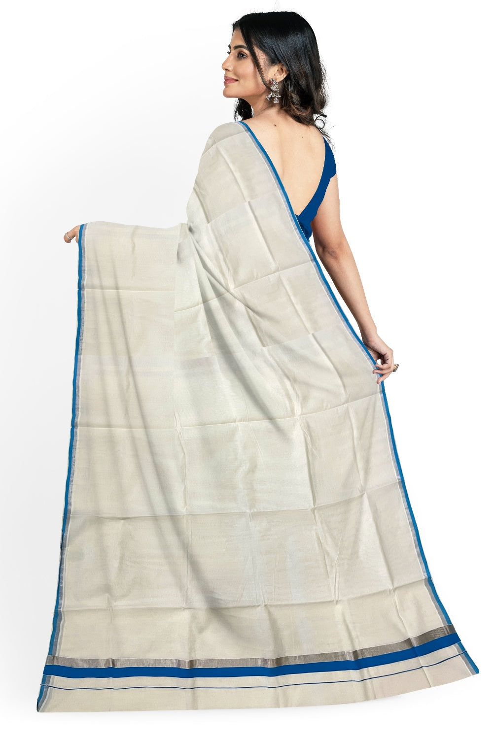 Kerala Pure Cotton Plain Saree with Silver Kasavu and Blue Border