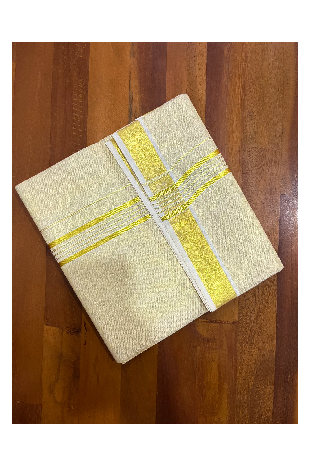 Kerala Tissue Double Mundu with Kasavu Lines Border (South Indian Dhoti)