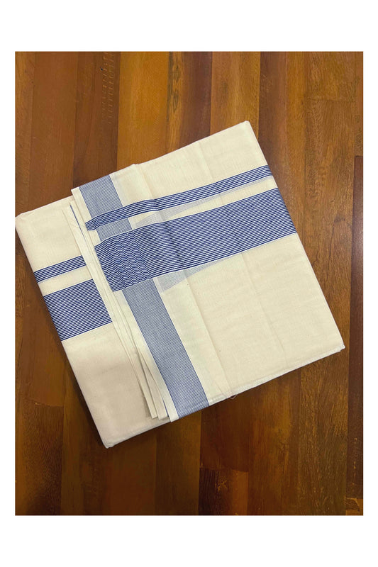 Off White Kerala Double Mundu with 2 inch Blue Line Border (South Indian Kerala Dhoti)